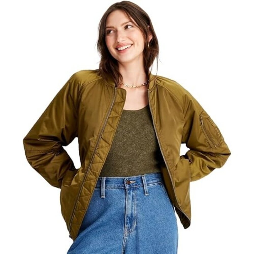 A New Day Womens Olive Green Water Resistant Bomber Jacket NWOT Size S